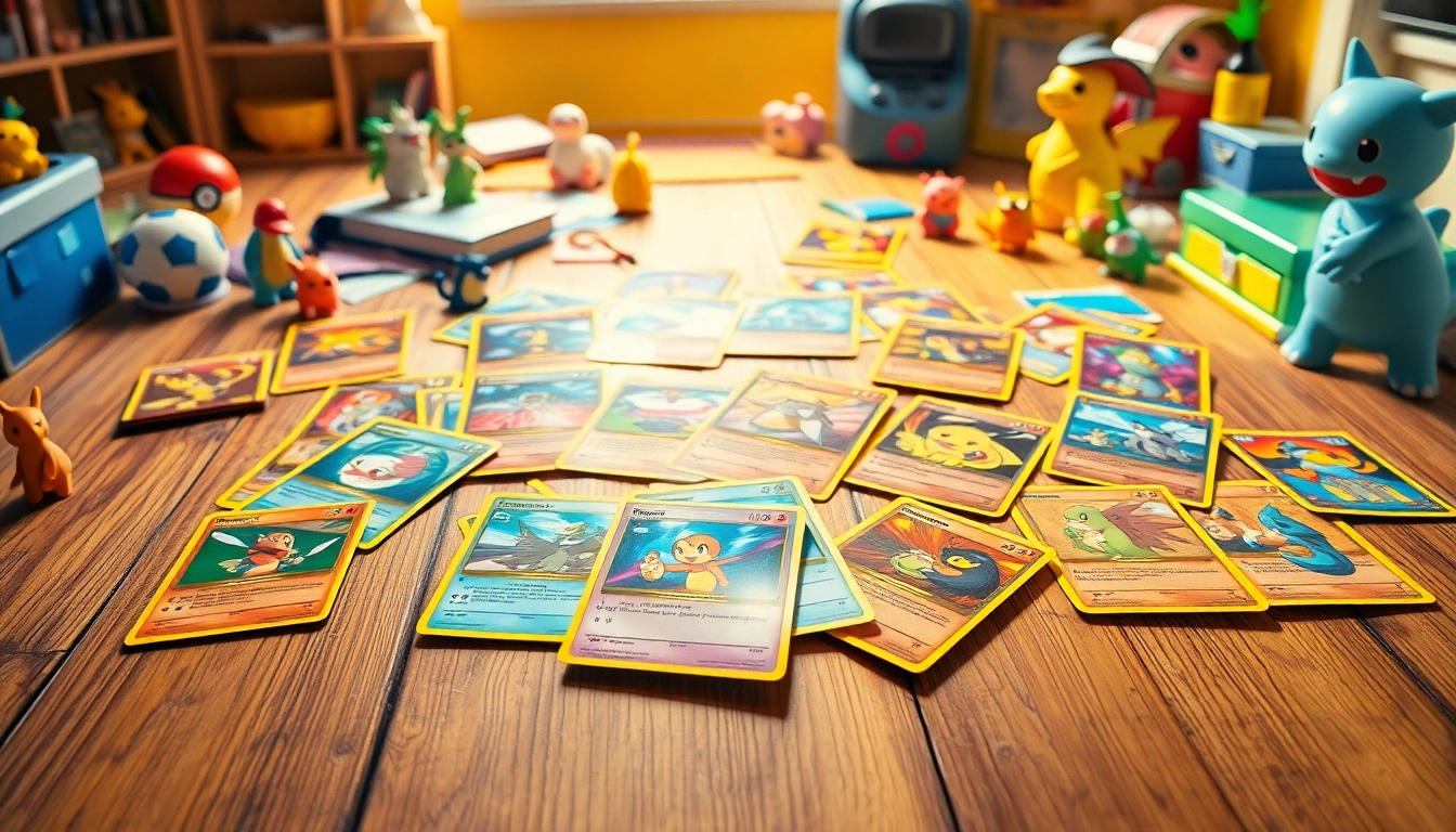 Showcase real Pokémon cards displayed on a wooden table, highlighting their vibrant designs and nostalgic appeal.