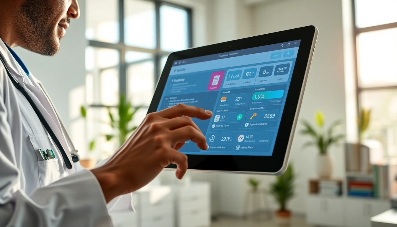 Healthcare professional utilizing best eprescription apps on a tablet in a modern clinic.