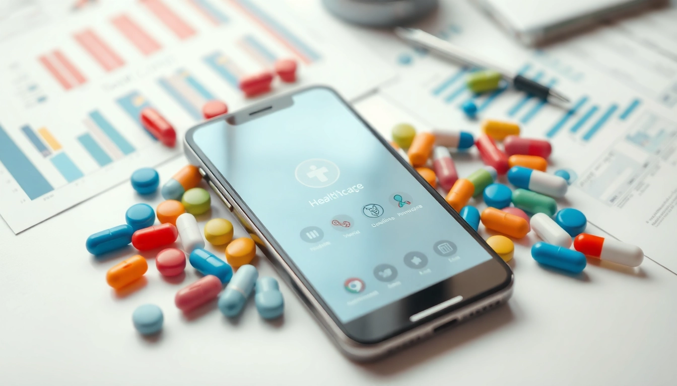 Showcase of top rated prescription applications on a smartphone with colorful pills.
