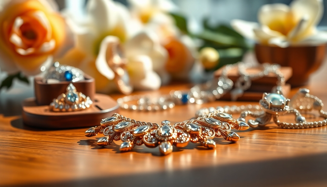 Showcasing a unique Jewelry necklace with sparkling gemstones on a wooden table.