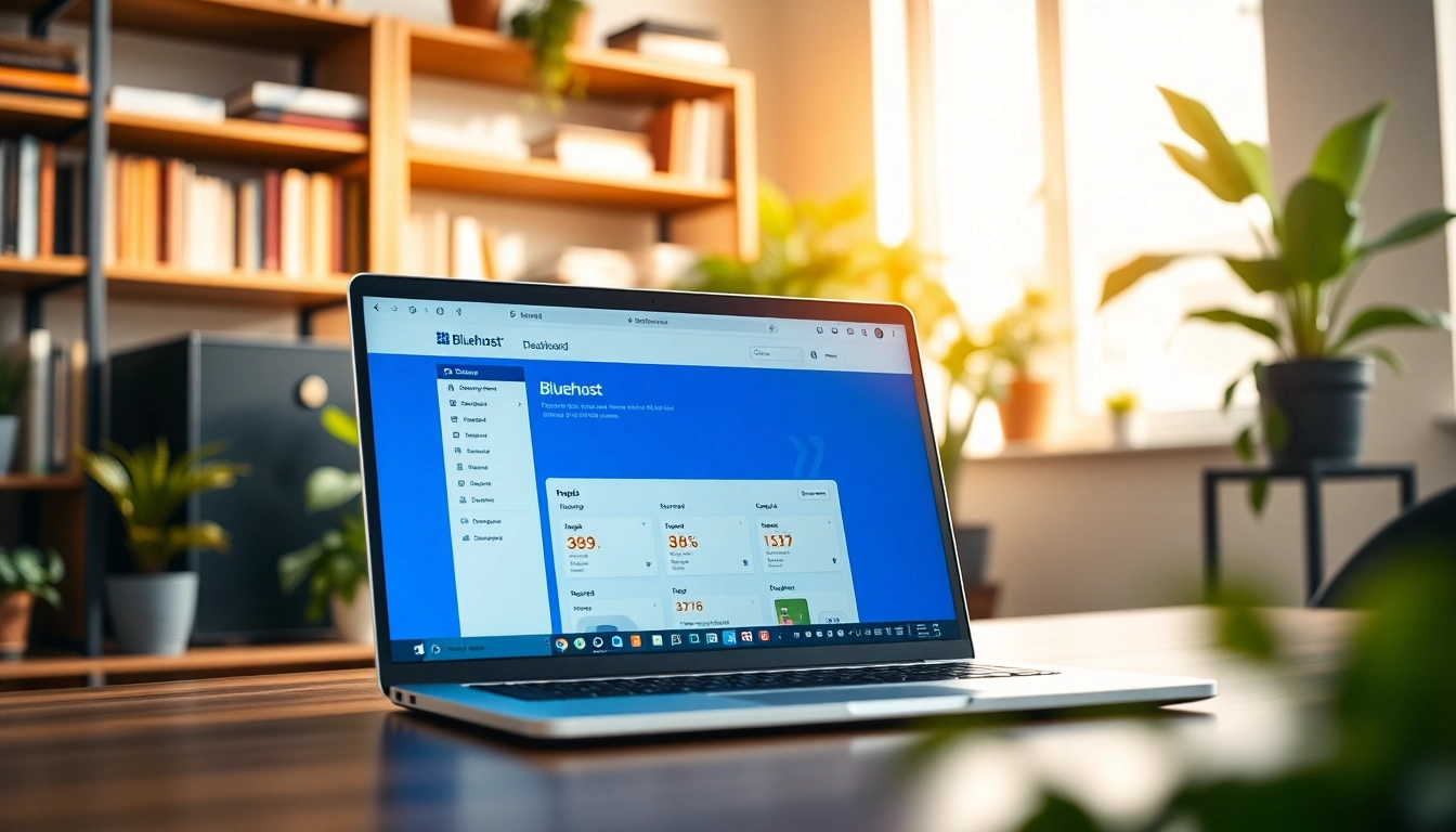 Showcasings Bluehost features on a sleek laptop in a modern workspace with bright natural light.